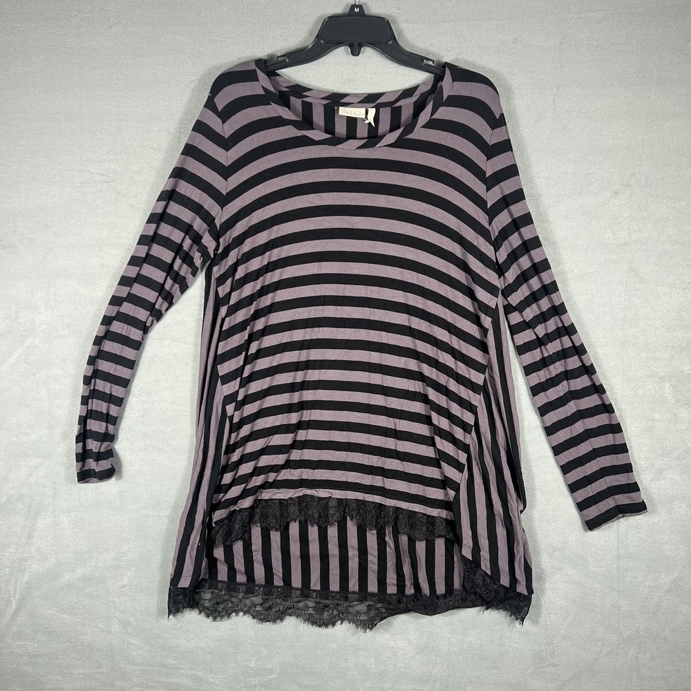 LOGO Lori Goldstein Women's L Black Purple Striped Lace Trim High Low Tunic Top